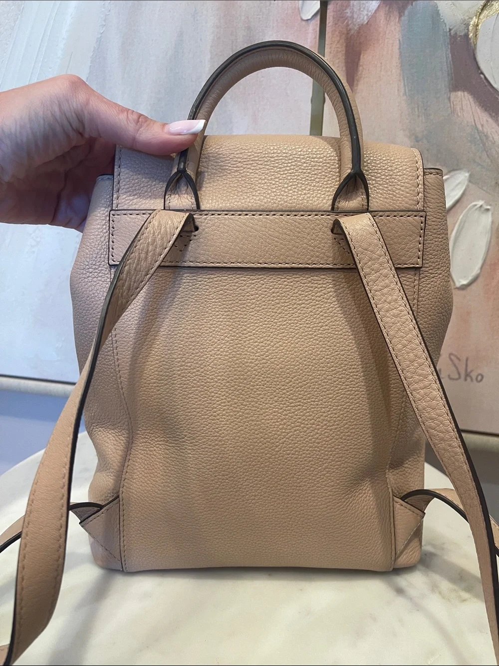 Tory Burch Pebbled Leather Tassel Backpack in Light Beige